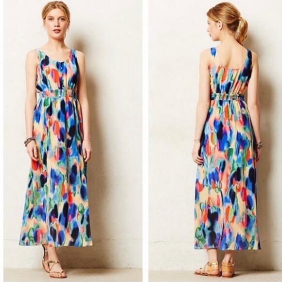 ANTHROPOLOGIE Maeve | aloisia colorful 100% silk watercolor maxi dress size 0 - Picture 1 of 8
